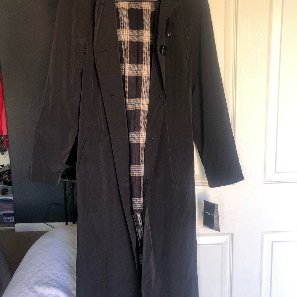 Black London Fog Oversized Trench Coat with Plaid Liner